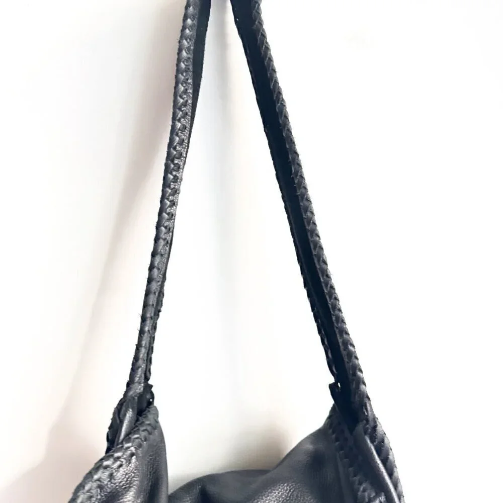 Vintage Black Leather Whipstitch Detail Slouchy Hobo Bag
